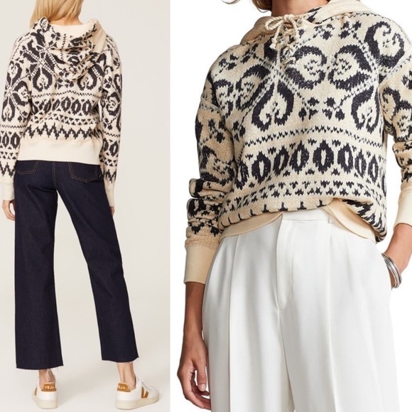 RALPH LAUREN Fair Isle Printed Rope Tie Neck Fleece Lined Hooded Sweater Size L‎